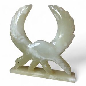 Real Jade Stone 6” Carved Eagle Bird Circular Wings Statue Light Green Decor